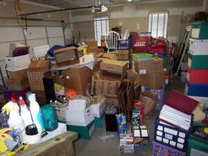 Extremely messy and disorganized garage interior