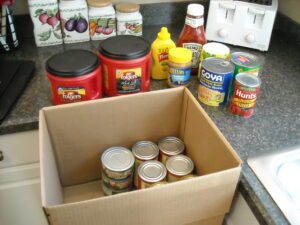 Arpin of RI 1.5 box in a kitchen partially filled with canned goods