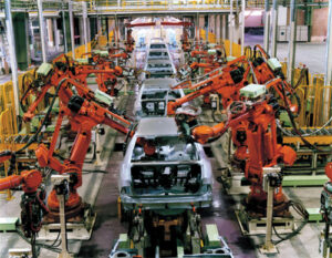 Efficient assembly line in a car manufacturing plant.