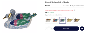 Image of a small Herend duck figurine valued at $1,980 dollars. 