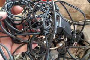 A disorganized bundle of computer wires.